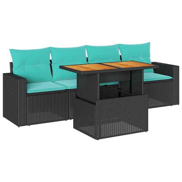 vidaXL 5-delige Loungeset met kussens poly rattan zwart