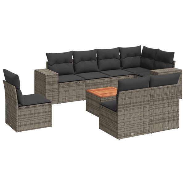 vidaXL 9-delige Loungeset met kussens poly rattan grijs