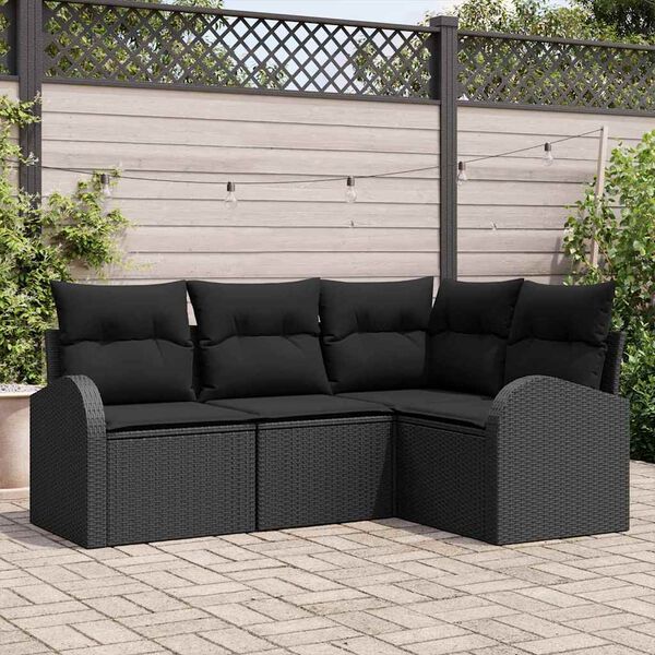 vidaXL Tuinbankenset met kussen met opslag 4 pcs Zwart poly rattan