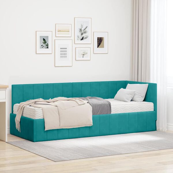 vidaXL Hoekbedframe met Matras met hoofdeinde 2 pcs Turquoise Fluweel