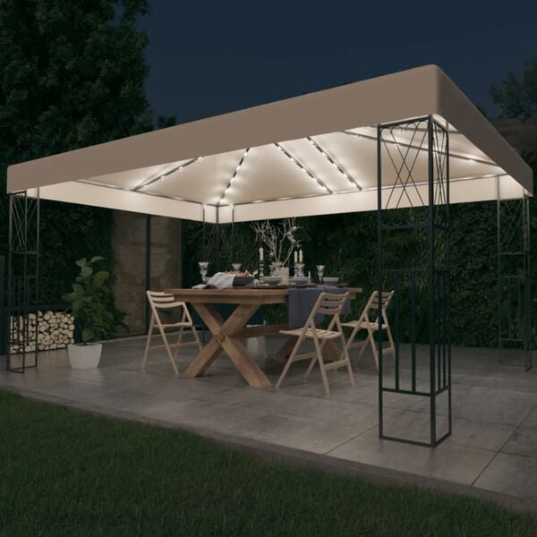 vidaXL Prieel met LED-lichtslinger 3x4 m stof cr&egrave;mekleurig