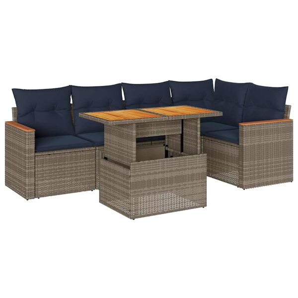 vidaXL 6-delige Loungeset met kussens poly rattan grijs