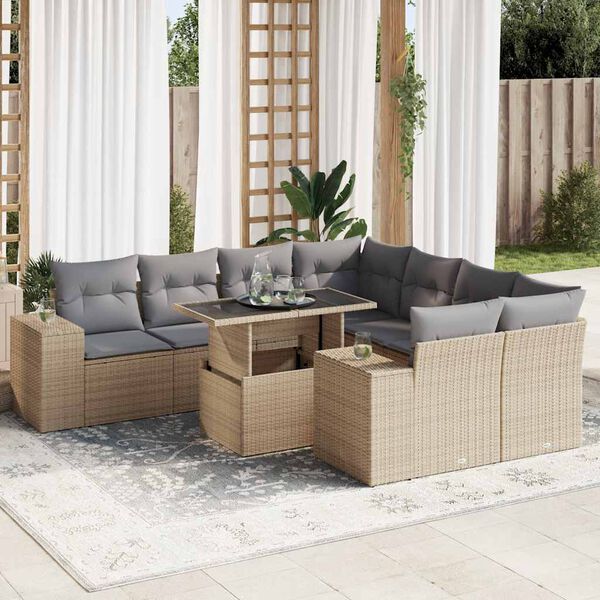 vidaXL 9-delige Loungeset met kussens poly rattan beige