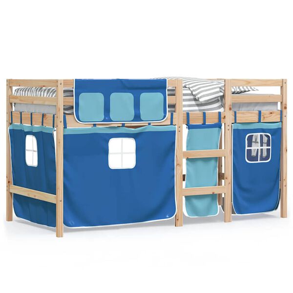 vidaXL Kinderhoogslaper met gordijnen 90x190 cm grenenhout blauw