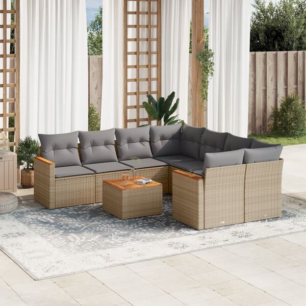 vidaXL 9-delige Loungeset met kussens poly rattan gemengd beige