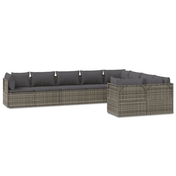 vidaXL 9-delige Loungeset met kussens poly rattan grijs