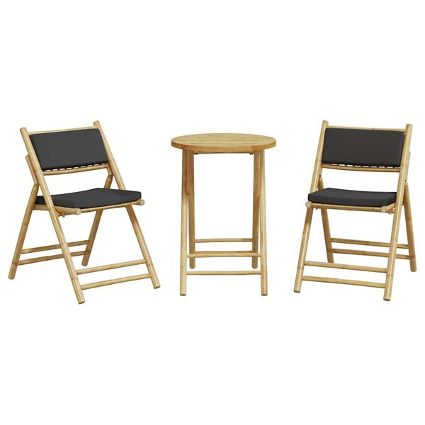 vidaXL 3-delige Bistroset inklapbaar met kussens bamboe donkergrijs