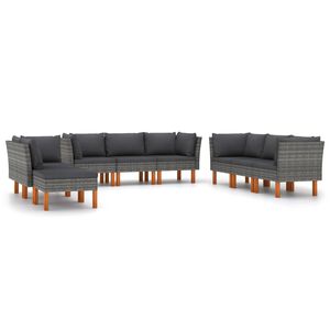 vidaXL 9-delige Loungeset met kussens poly rattan grijs