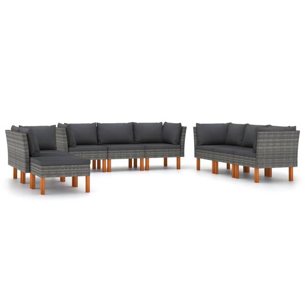 vidaXL 9-delige Loungeset met kussens poly rattan grijs