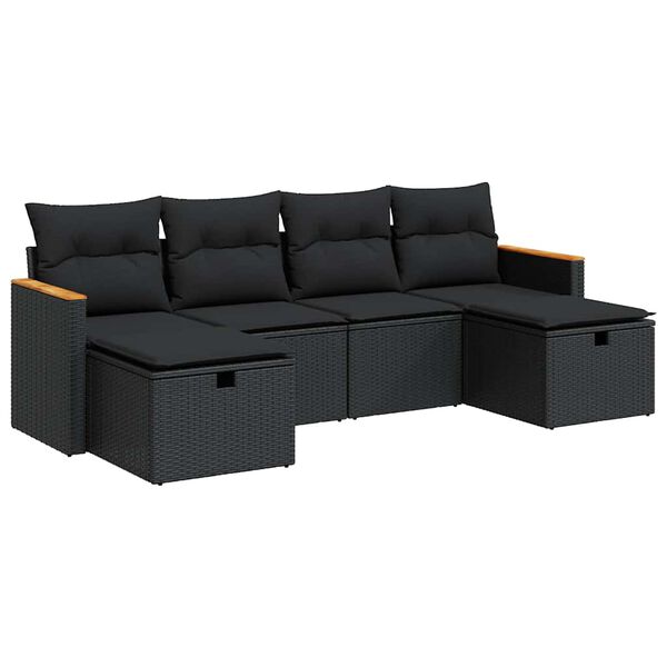 vidaXL 6-delige Loungeset met kussens poly rattan zwart