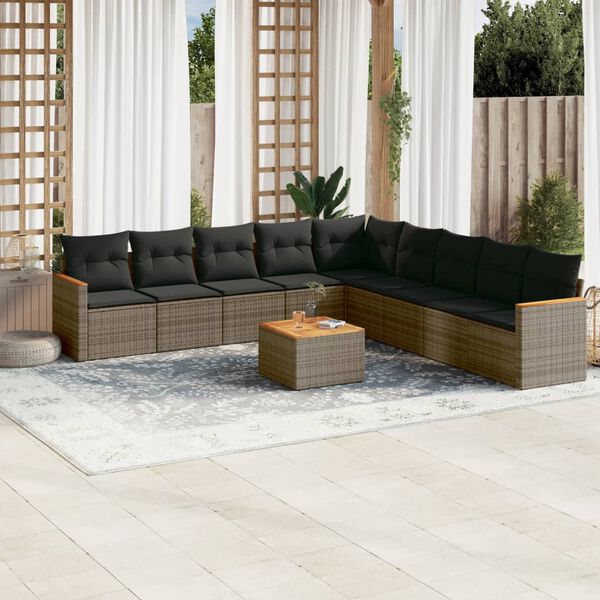 vidaXL 10-delige Loungeset met kussens poly rattan grijs