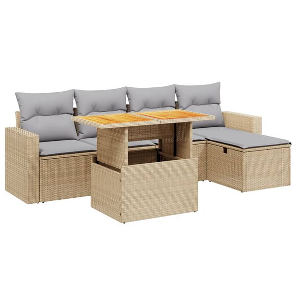 vidaXL 6-delige Loungeset met kussens poly rattan beige