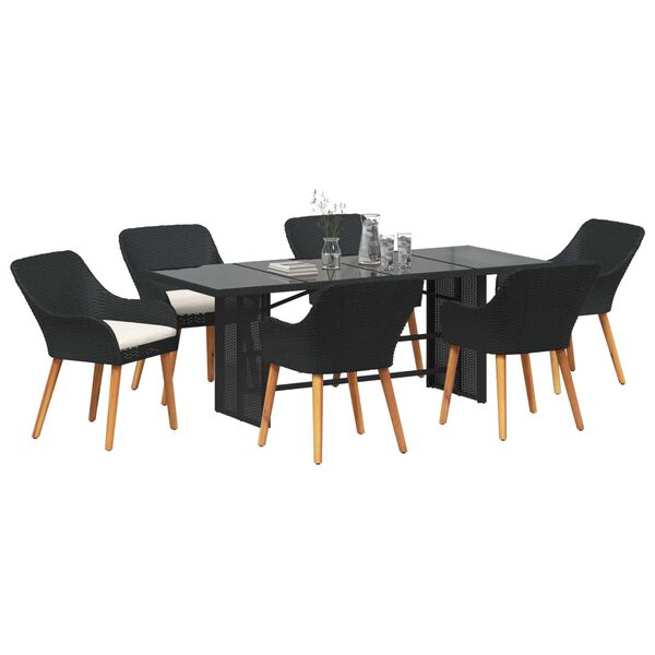 vidaXL Tuin Eetset met kussen 7 pcs Zwart poly rattan