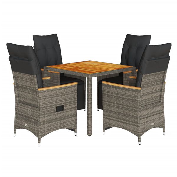 vidaXL 5-delige Bistroset met kussens poly rattan grijs