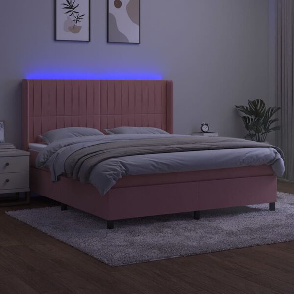 vidaXL Boxspring met matras en LED fluweel roze 160x200 cm