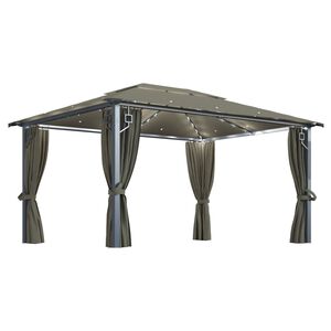 vidaXL Prieel met gordijn en LED-lichtslinger 4x3 m aluminium taupe