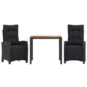 vidaXL 3-delige Tuinset met kussens poly rattan zwart