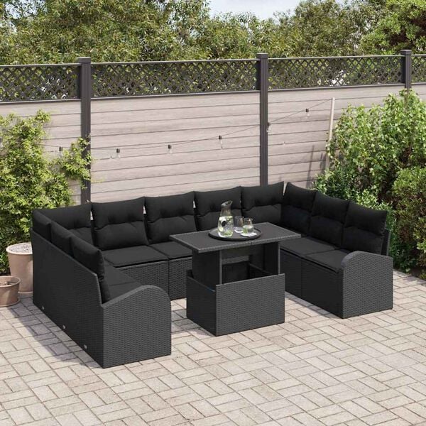 vidaXL Bankstel met kussen 10 pcs Zwart poly rattan