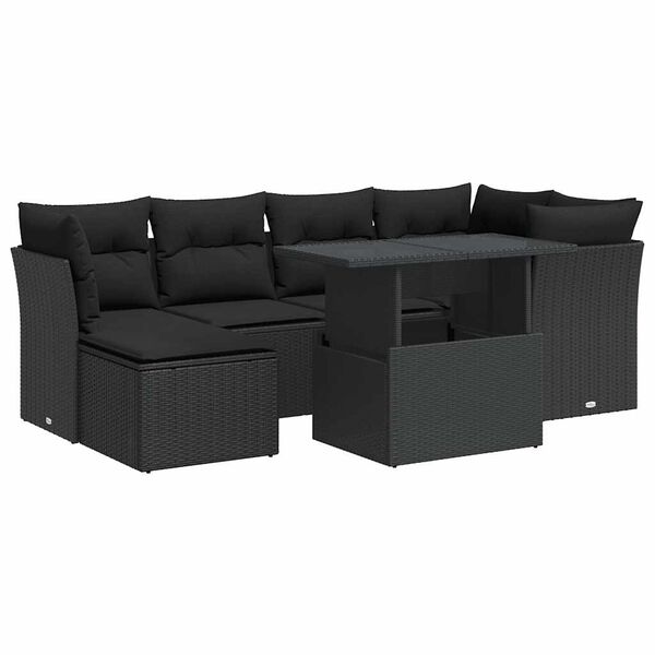 vidaXL 7-delige Loungeset met kussens poly rattan zwart