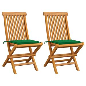vidaXL Opklapbare stoelen met groene kussens, 2 stuks, massief teakhout