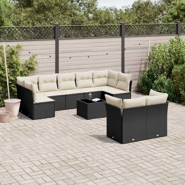vidaXL 10-delige Loungeset met kussens poly rattan zwart