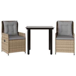 vidaXL 3-delige Tuinset met kussens poly rattan beige
