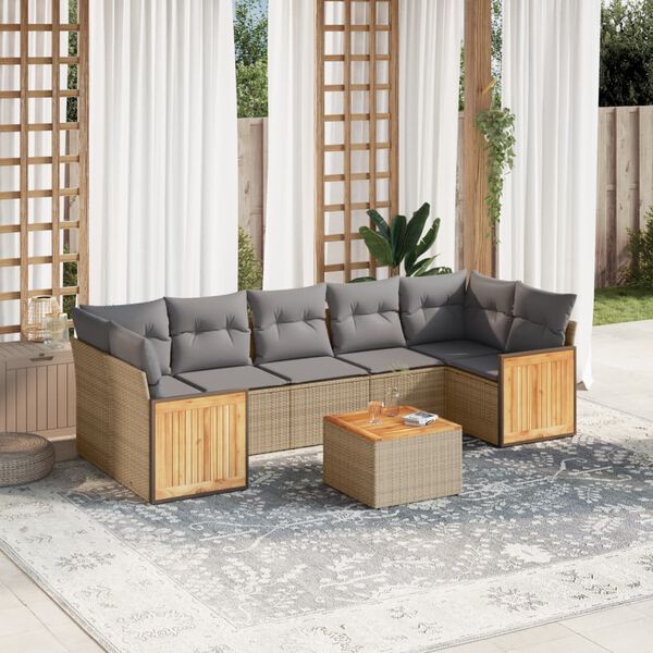 vidaXL 8-delige Loungeset met kussens poly rattan beige