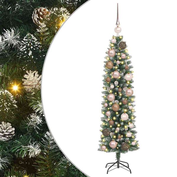 vidaXL Kunstmatige slanke kerstboom met 150 LED Groen en Wit 120 cm