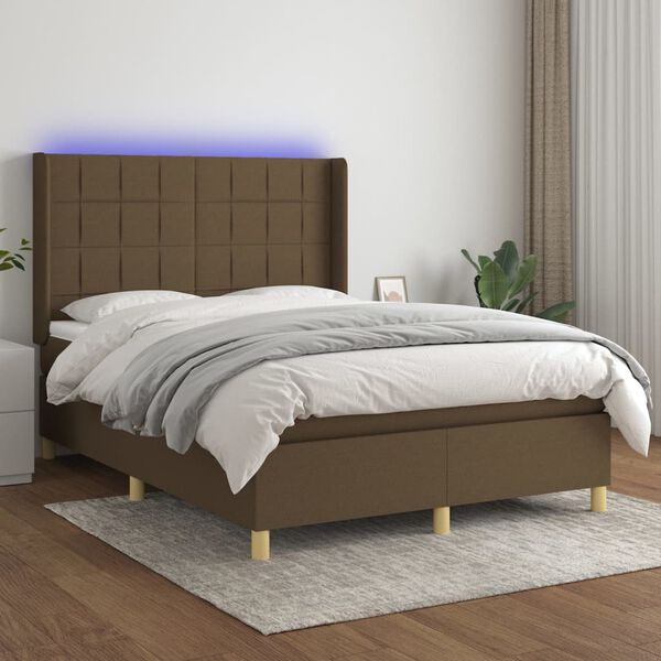 vidaXL Boxspring met matras en LED stof donkerbruin 140x190 cm