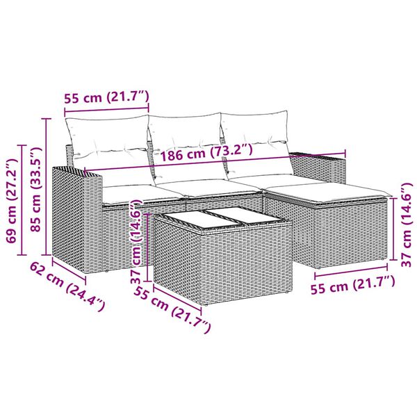 vidaXL 5-delige Loungeset met kussens poly rattan zwart