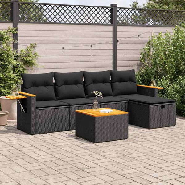 vidaXL 6-delige Loungeset met kussens poly rattan zwart