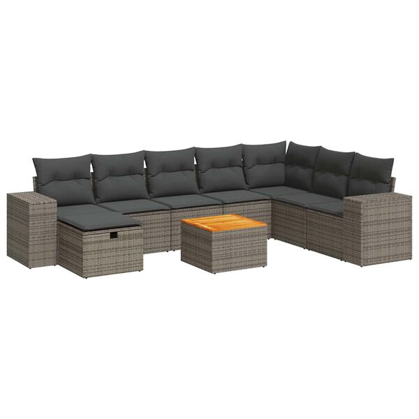 vidaXL 9-delige Loungeset met kussens poly rattan grijs