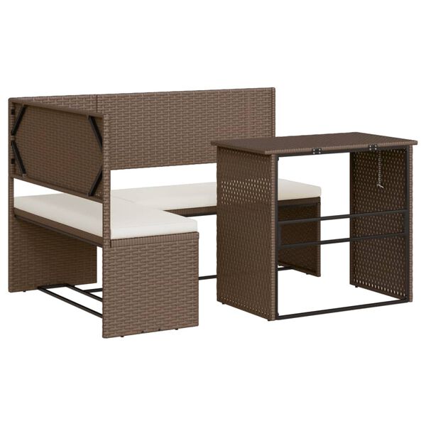 vidaXL Tuinbank met tafel en kussens L-vormig poly rattan bruin