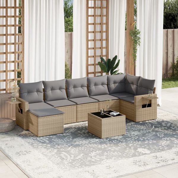 vidaXL 8-delige Loungeset met kussens poly rattan beige