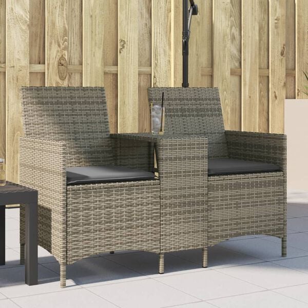 vidaXL Tuinbank 2-zits met tafel en kussens poly rattan grijs