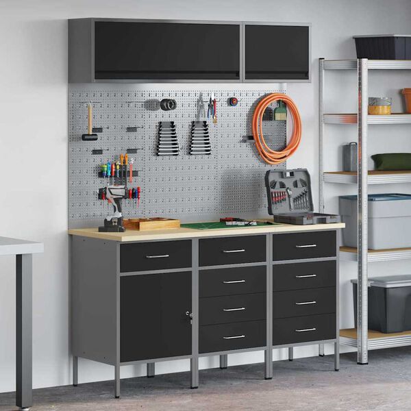 vidaXL Werkkast set met lade met opslag met slot 8 pcs Zwart