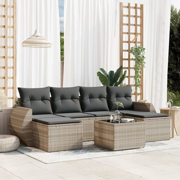 vidaXL 7-delige Loungeset met kussens poly rattan lichtgrijs