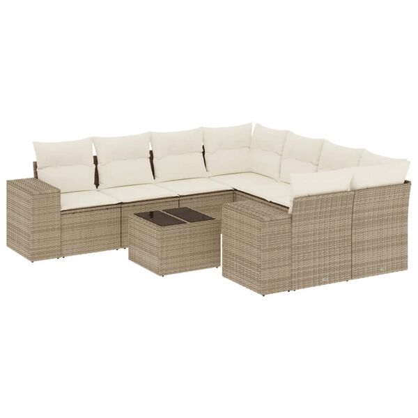 vidaXL 9-delige Loungeset met kussens poly rattan beige