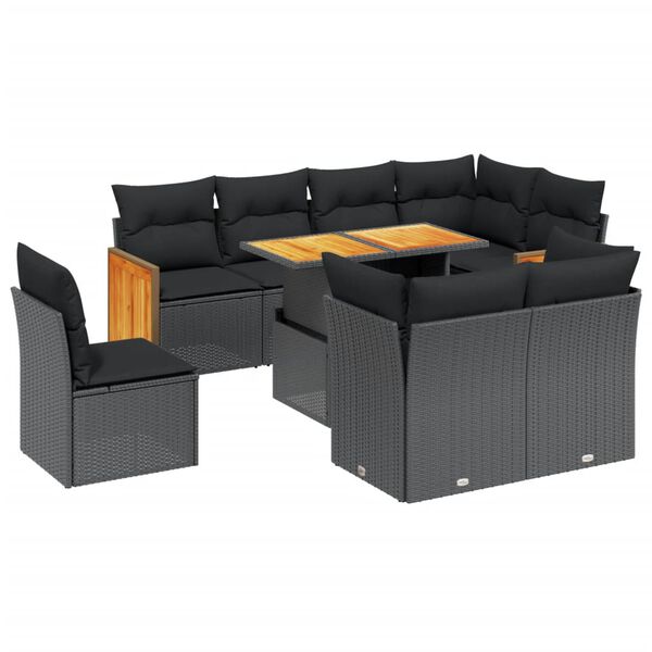 vidaXL 9-delige Loungeset met kussens poly rattan zwart