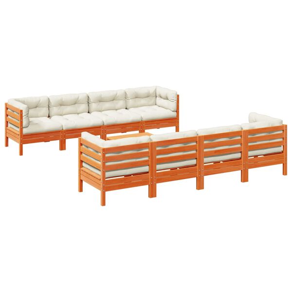 vidaXL 9-delige Loungeset met kussens massief grenenhout wasbruin