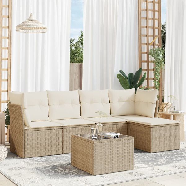 vidaXL 6-delige Loungeset met kussens poly rattan beige