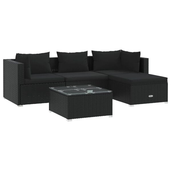 vidaXL 5-delige Loungeset met kussens poly rattan zwart