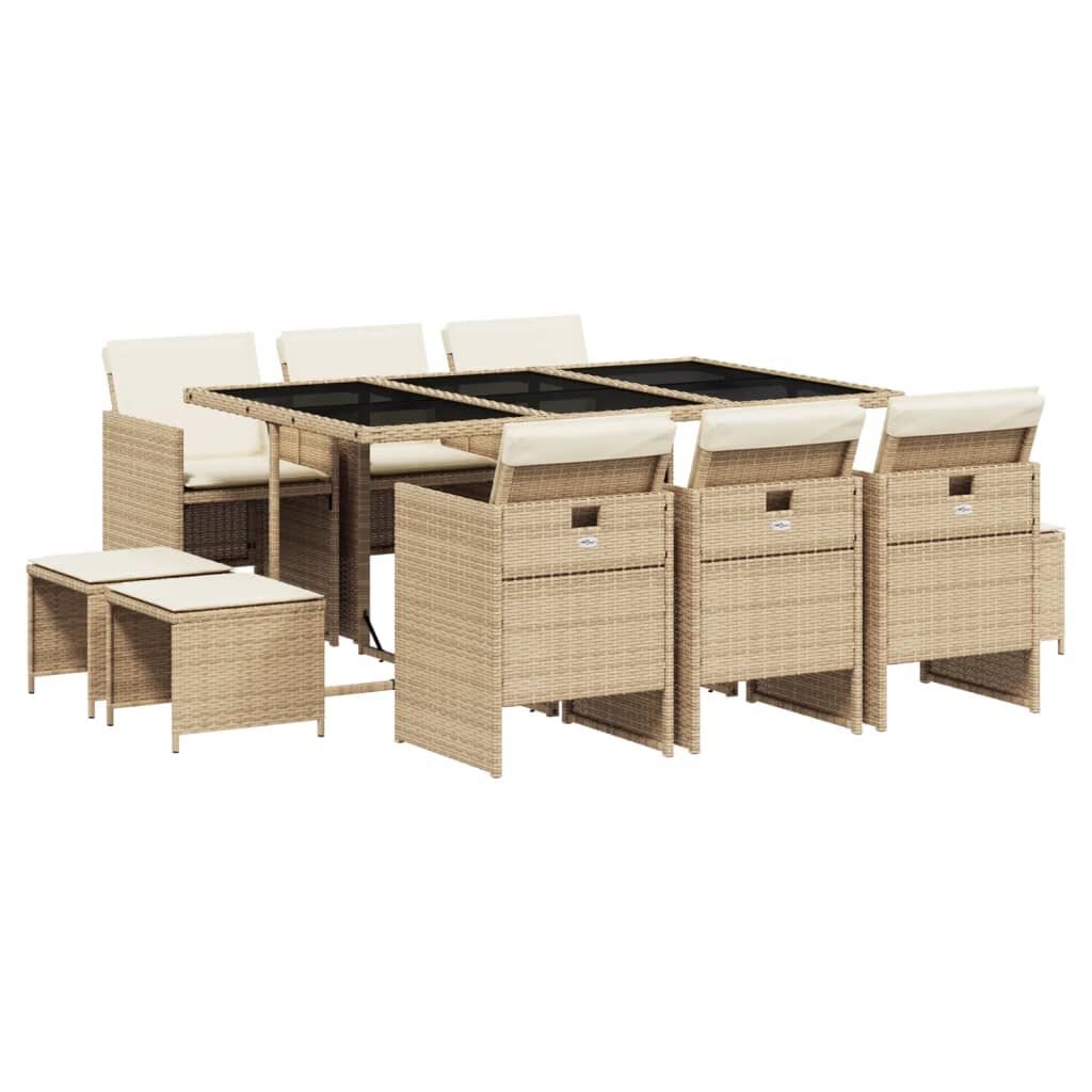 vidaXL 11-delige Tuinset met kussens poly rattan beige