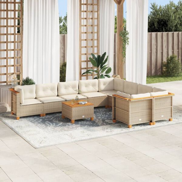 vidaXL 10-delige Loungeset met kussens poly rattan beige