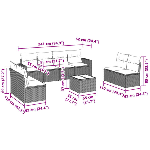 vidaXL 9-delige Loungeset met kussens poly rattan lichtgrijs