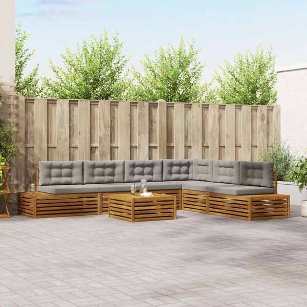 vidaXL Buiten bankenset met kussen 7 Stuk Natuurlijk en Lichtgrijs