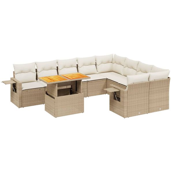 vidaXL 10-delige Loungeset met kussens poly rattan beige