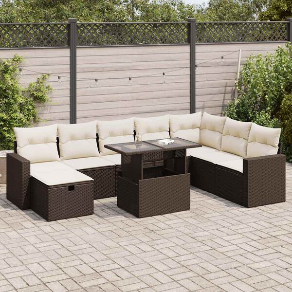 vidaXL 9-delige Loungeset met kussens poly rattan bruin