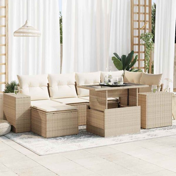 vidaXL 7-delige Loungeset met kussens poly rattan beige