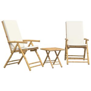 vidaXL 3-delige Bistroset inklapbaar met kussens bamboe cr&egrave;mewit
